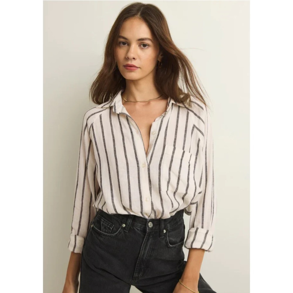 Z Supply White Button-Down Shirt with Black Vertical Stripes